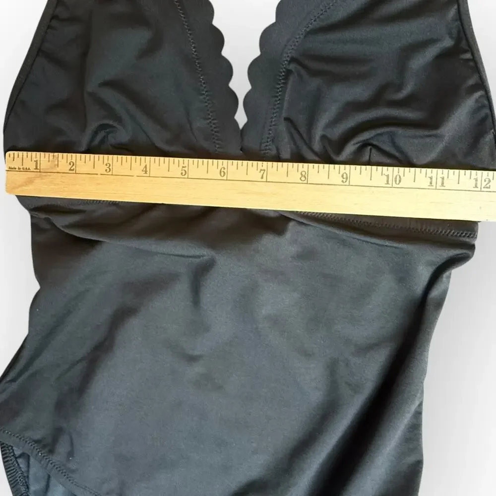 J. Crew Factory Black One-Piece Swimsuit with Scallop Trim